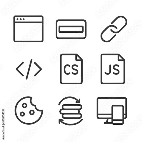 Web Icons Grid. Outline icon set of digital web fundamentals: browser window, URL bar, hyperlink, HTML code, CSS style, JavaScript