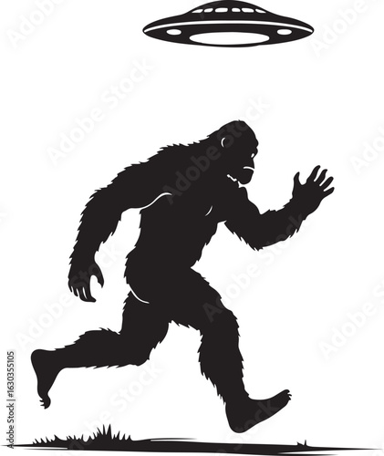 Bigfoot running with a UFO Silhouette 