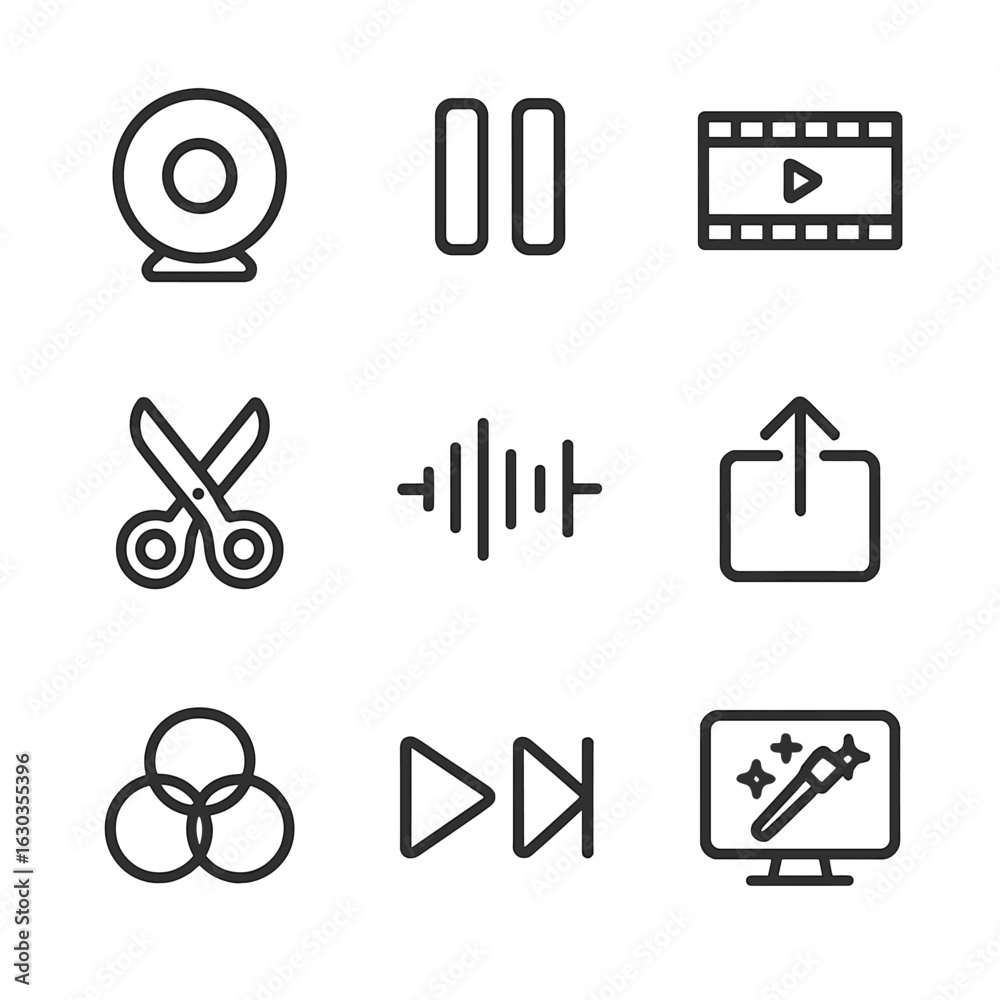Fototapeta premium Webcam Icon Set. Outline icon set of webcam recording and editing: record button, pause button, video timeline, cut tool, audio