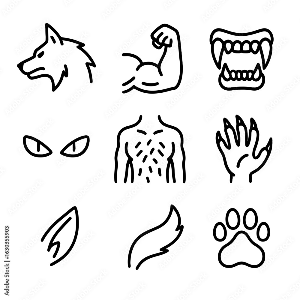 Obraz premium Werewolf Anatomy Icons. Outline icon set of werewolf anatomy: wolf head, muscular arm, sharp teeth, glowing eyes, hairy torso,
