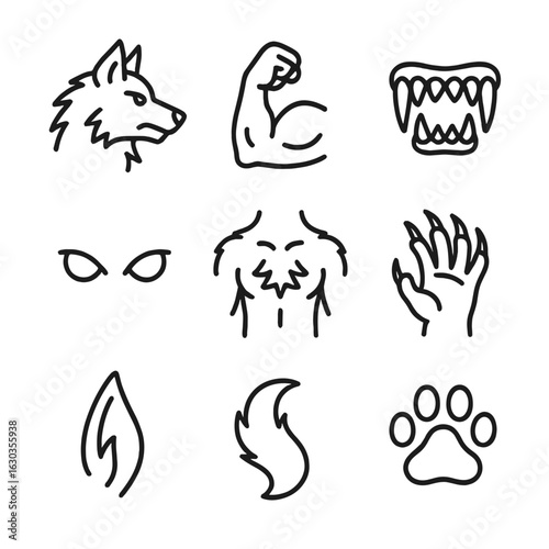 Werewolf Anatomy Icons. Outline icon set of werewolf anatomy: wolf head, muscular arm, sharp teeth, glowing eyes, hairy torso,