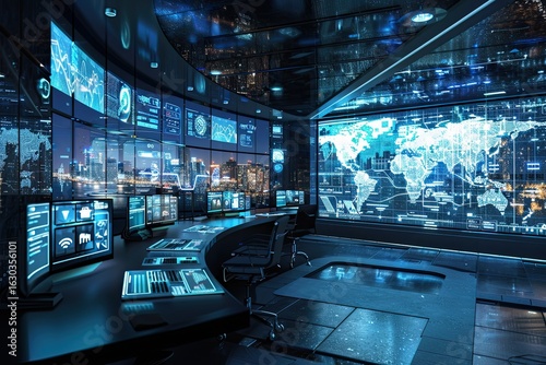 Futuristic home security room with digital maps and live surveillance feeds