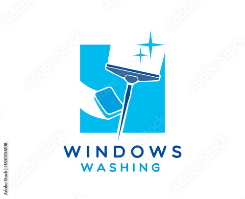 Window washing and cleaning service icon. House or office window professional washing service vector symbol, household glass cleaning equipment store icon or company emblem with scraper and sponge