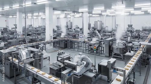 A high-tech factory demonstrates automated food production, showcasing advanced machinery and conveyor belts for efficient processing and manufacturing.