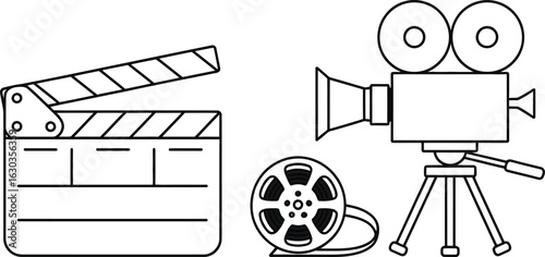 Film camera movie clapper board film reel cinema production