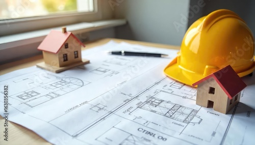 Architect's blueprint spread on a table beside a hard hat and a miniature house model, signifying construction planning and building process , building codes, real estate, project
