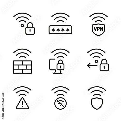 Wi-Fi Security Icons. Outline icon set of Wi-Fi security: Wi-Fi lock, password protection, VPN Wi-Fi, firewall, secure connection,