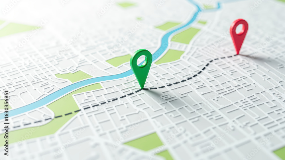 Fototapeta premium Map with location markers green and red pins urban layout navigation route planning city streets geographic representation travel