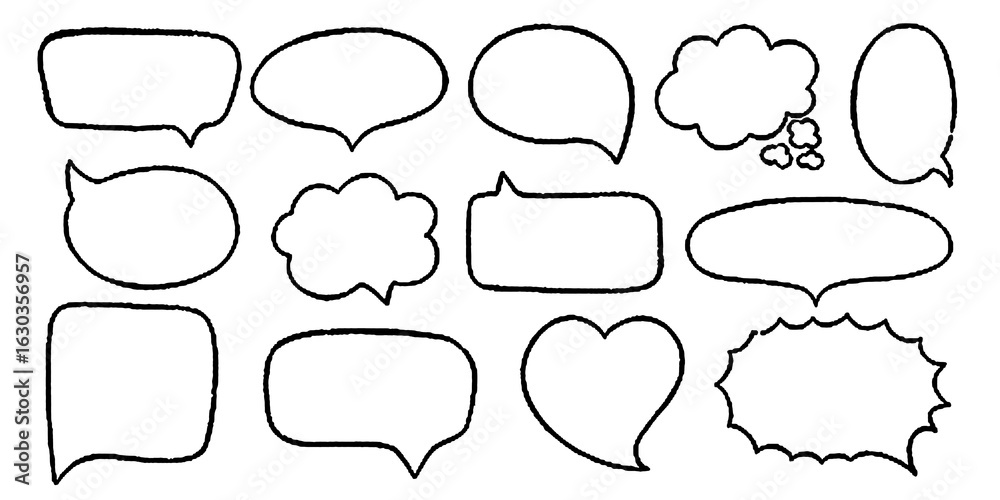 Fototapeta premium Chalk pencil speech bubbles doodle set. Crayon frames, comic talk balloon. Grange texture. Hand drawn kid's style pencil dialog balloon, various text clouds. Hand drawn vector illustration