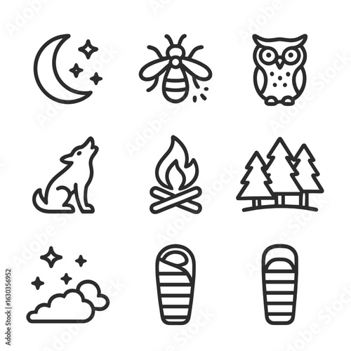 Wild Night Icons. Outline icon set of wild night: moon, stars, firefly, nocturnal owl, wolf howl, campfire, dark forest, night sky