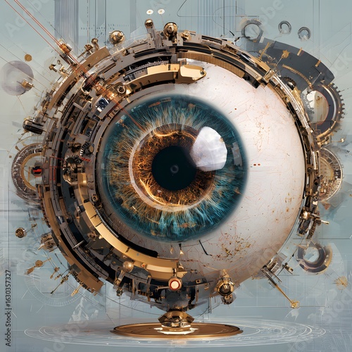 Eye, machine-like, watches; artificial view, technology background. Cover image use
