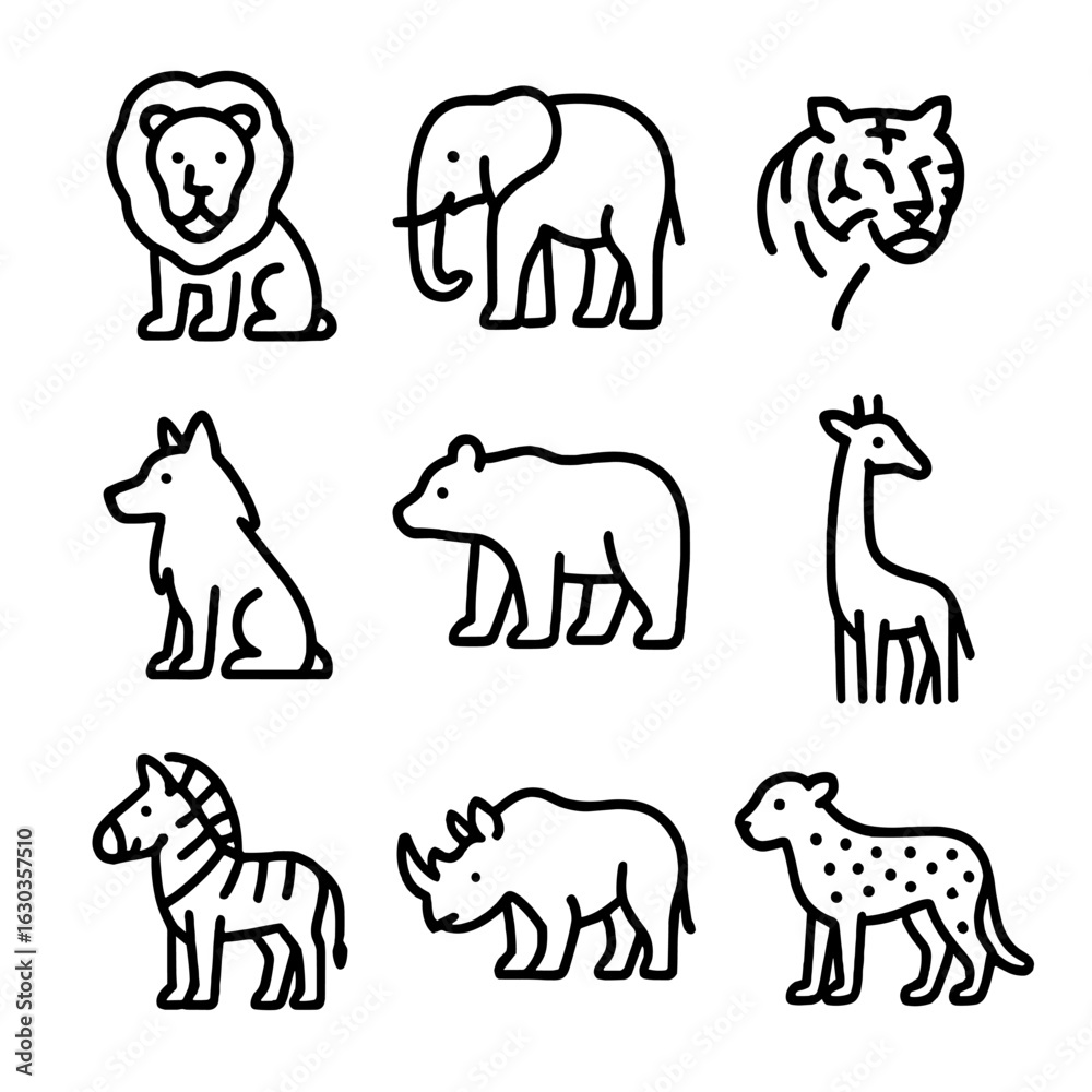 Naklejka premium Wildlife Icon Set. Outline icon set of wild animals: lion, elephant, tiger, wolf, bear, giraffe, zebra, rhinoceros, cheetah. Line