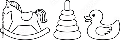 Rocking horse duck and stacking rings vector toy illustration