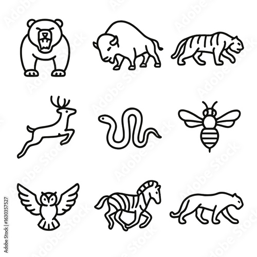 Wildlife Outline Icons. Outline icon set of untamed wildlife: fierce bear, charging bison, stalking tiger, jumping deer, crawling