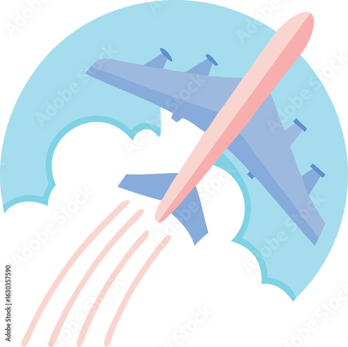 Blue airplane soars against a circular light blue sky, leaving pastel streaks