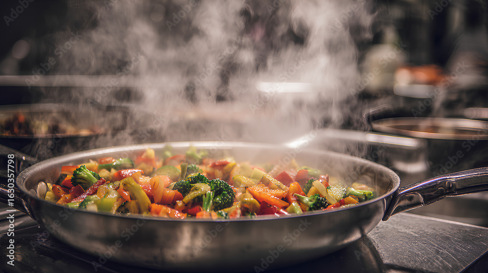 Sizzling vegetable medley in a stainless steel pan, vibrant colors with steam rising in a professional kitchen. Sizzling vegetable medley in a stainless steel pan, vibrant colors with steam rising in a professional kitchen.
