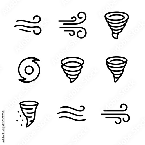 Wind Phenomena Icons. Outline icon set of wind phenomena: breeze, gust, tornado, hurricane, cyclone, whirlwind, dust devil, zephyr