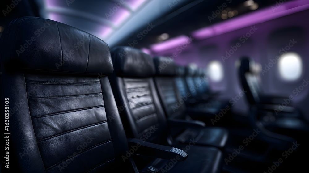 Obraz premium Sleek and sophisticated airplane cabin interior with plush seats and mood lighting