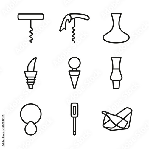 Wine Tools Icons. Outline icon set of wine serving tools: corkscrew, wine bottle opener, decanter, wine pourer, wine stopper,