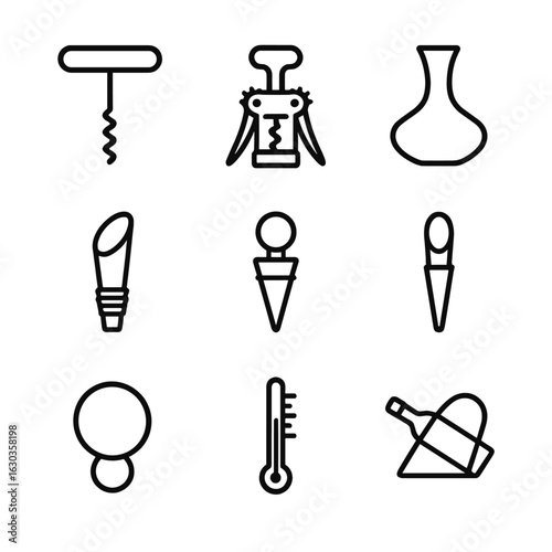 Wine Tools Icons. Outline icon set of wine serving tools: corkscrew, wine bottle opener, decanter, wine pourer, wine stopper,