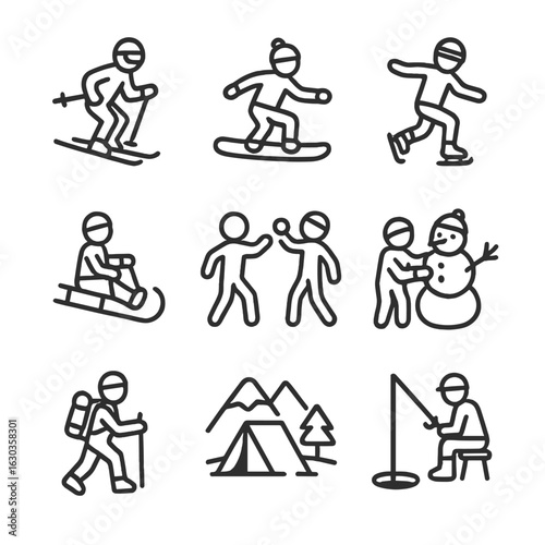 Winter Activity Icons. Outline icon set of winter activities: skiing, snowboarding, ice skating, sledding, snowball fight,