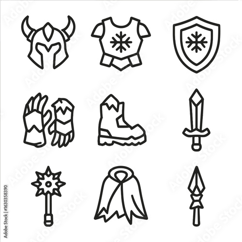 Winter Armor Icons. Outline icon set of winter battle armor: frost helm, icy breastplate, frozen gauntlets, glacial shield, snow
