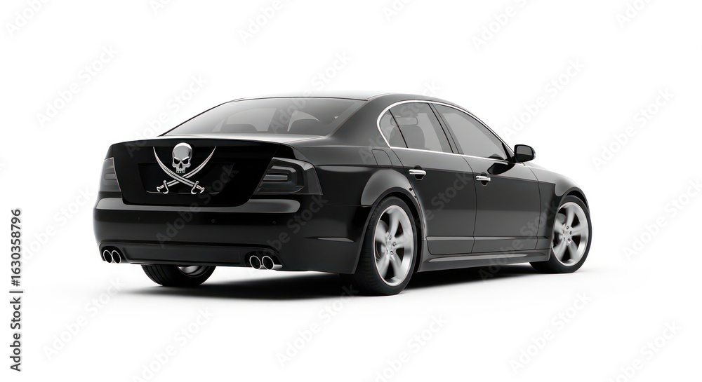 Rebellious Ride: Sleek Black Sedan with Pirate Skull and Swords Emblem in Motion. Rebellious Ride: Sleek Black Sedan with Pirate Skull and Swords Emblem in Motion.