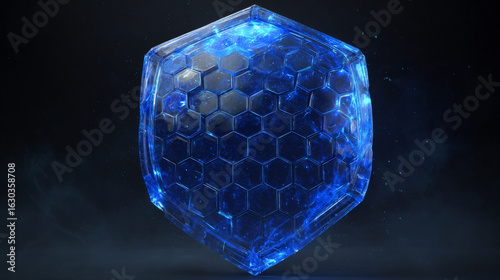 Protection sphere shield with hexagon pattern on blue background. Glass Dome shield. Glowing bubble shield in the form of a force energy field. Protection and safety concept. Vector illustration.