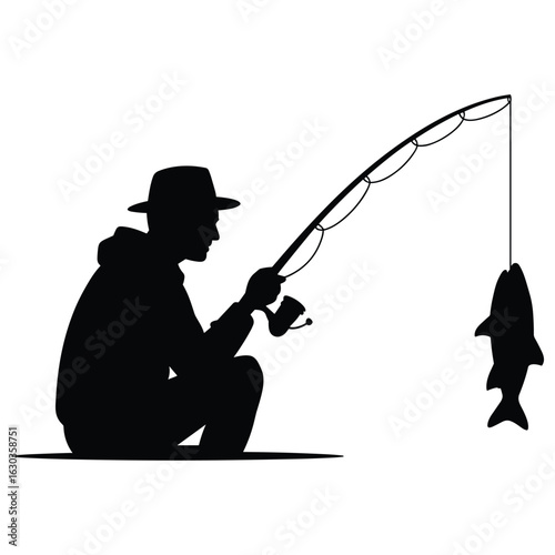 Illustration of fisherman silhouette with caught fish isolated on white