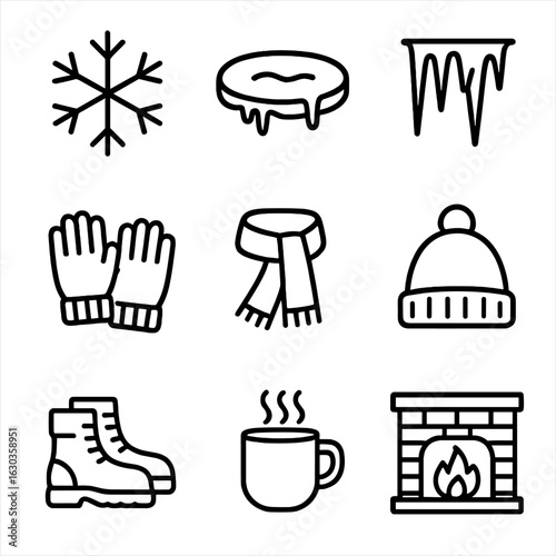 Winter Icon Set. Outline icon set of shiver in winter: snowflake, frozen lake, icicles, wool gloves, scarf, beanie hat, snow boots