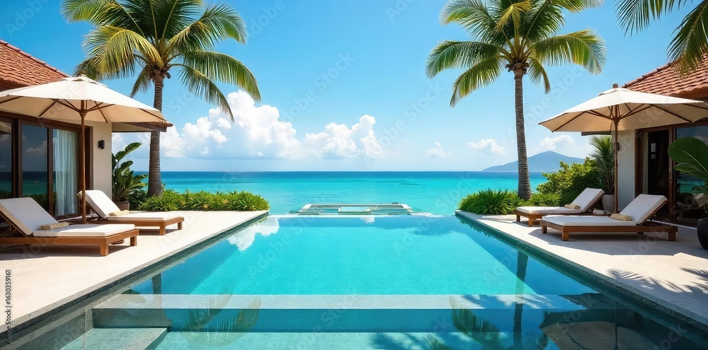 Fototapeta premium Luxury villa holiday, private pool, stunning ocean view, sun loungers, palm trees, tropical paradise Enjoy the ultimate relaxation , escape, vacation, summer