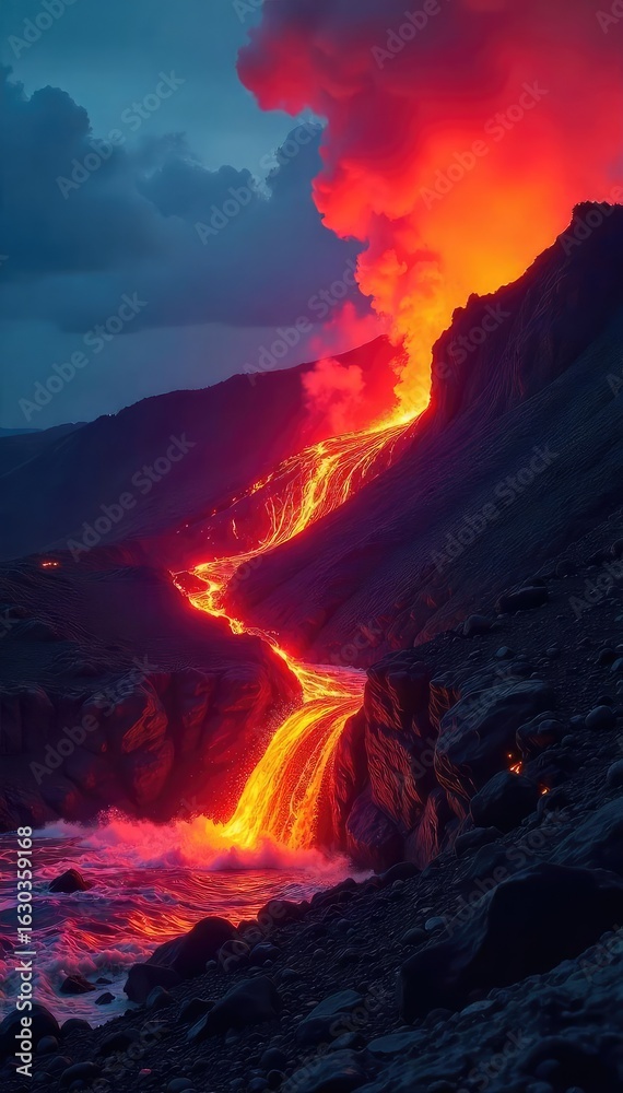 Fototapeta premium Majestic lava flow cascading down a volcanic slope in Hawaii, glowing red hot against the night sky Witness the raw power and beauty of nature's fiery spectacle , volcano, scenery