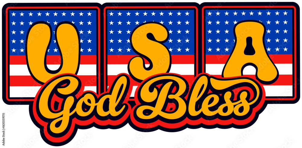 Fototapeta premium God bless USA retro Y2K sticker or label. United States of America travel souvenir retro vector patch, USA country Y2K tag. American patriotic label with stars and stripes, handwritten typography