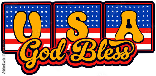 God bless USA retro Y2K sticker or label. United States of America travel souvenir retro vector patch, USA country Y2K tag. American patriotic label with stars and stripes, handwritten typography