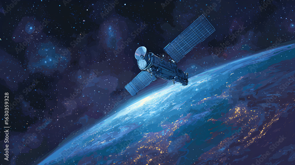 Naklejka premium Sleek High-Tech Artificial Satellite Orbiting Earth Amid Twinkling Stars Stock Illustration