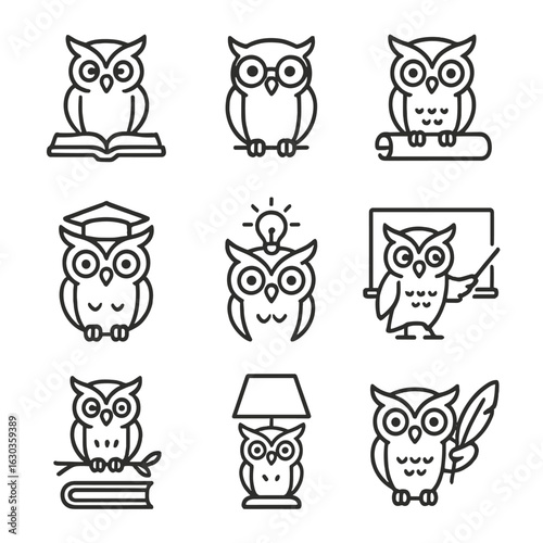 Wisdom Owls Icon Set. Outline icon set of wisdom symbolism: owl with book, owl wearing glasses, owl on scroll, owl with graduation