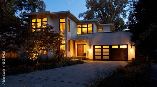 Contemporary suburban home at dusk, warm interior lights glowing through the windows.