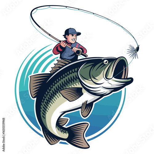 Illustration of man fishing, catching a large bass fish