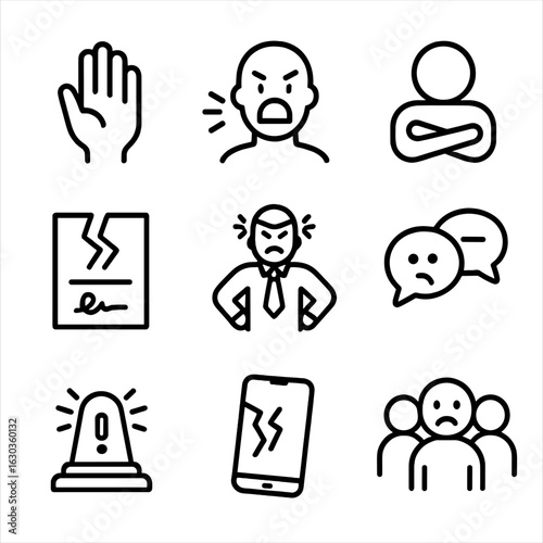 Workplace Conflict Icons. Outline icon set of workplace conflict: raised hand, yelling face, crossed arms, broken contract, angry