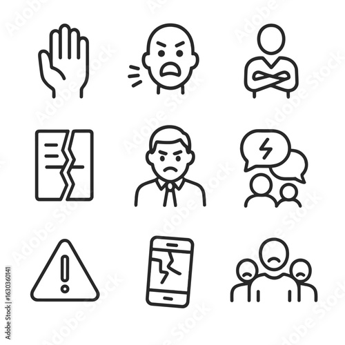 Workplace Conflict Icons. Outline icon set of workplace conflict: raised hand, yelling face, crossed arms, broken contract, angry