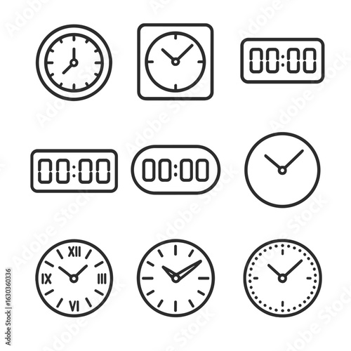 World Clock Icon Set. Outline icon set of world clock display styles: round dial, square dial, digital panel, LED digits, backlit