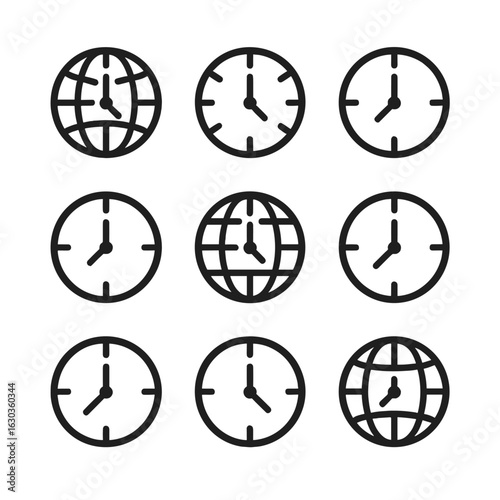 World Clock Icons. Outline icon set of world clock time zones: GMT, EST, PST, CET, IST, JST, UTC, AEST, MST. Line icons in only