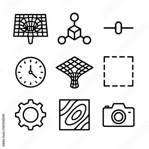 Wormhole Simulation Icons. Outline icon set of wormhole simulation elements: spacetime grid, simulation node, parameter slider,