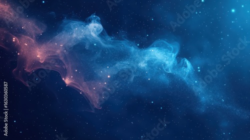 Fantastic smoke background. Magic smoke with glitter and small particles of twinkling stars, fog with luminous particles, blue vapor with stardust. Vector illustration.