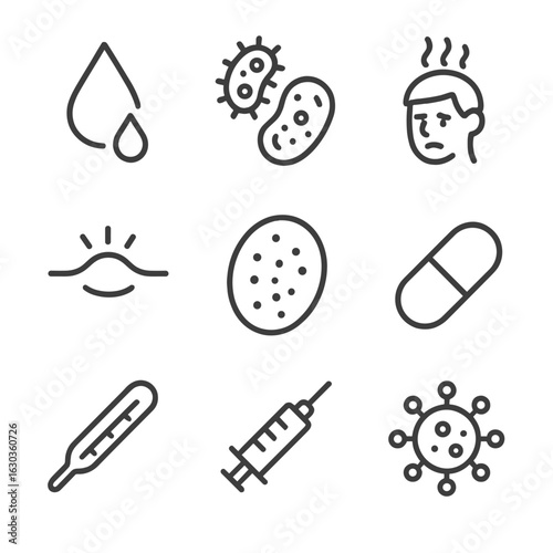 Wound Infection Icons Set. Outline icon set of wound infection signs: pus droplet, bacteria icon, fever symbol, swollen tissue,