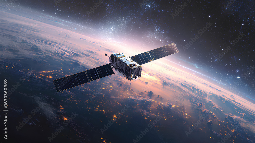 Obraz premium Sleek High-Tech Artificial Satellite Orbiting Earth Amid Twinkling Stars Stock Illustration