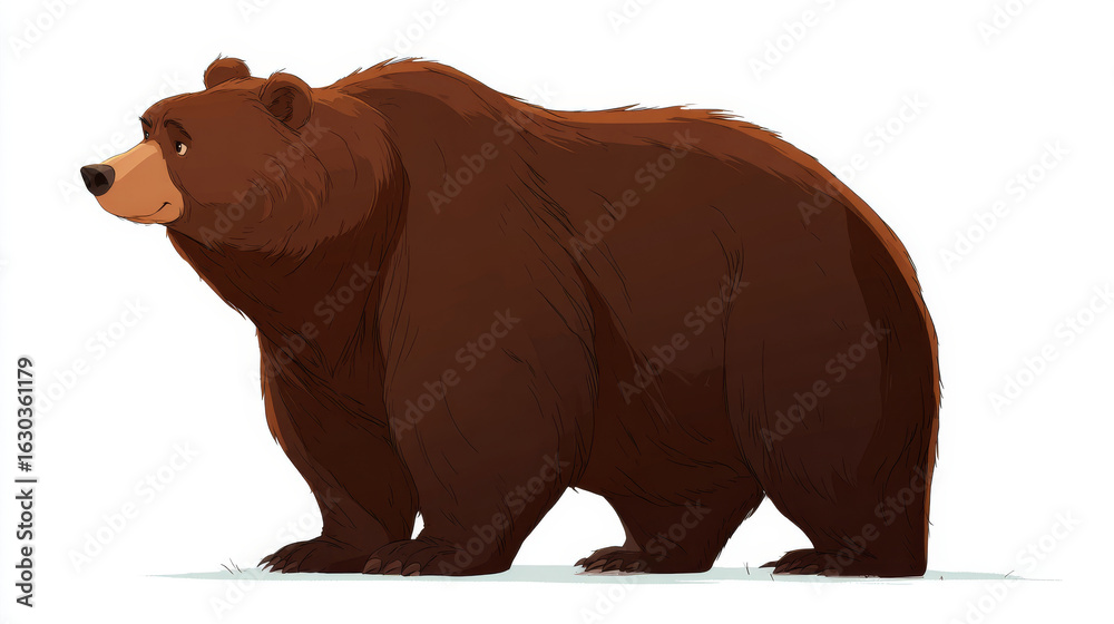Fototapeta premium Cartoon brown grizzly bear isolated on white background. Side view. Vector illustration.
