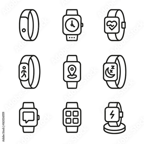 Wrist Wearable Icons. Outline icon set of wrist wearables technology: fitness tracker, smartwatch, heart rate monitor, pedometer,