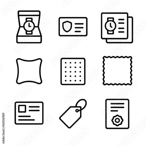 Wristwatch Packaging Icons. Outline icon set of wristwatch packaging: watch box, warranty card, instruction manual, pillow holder,