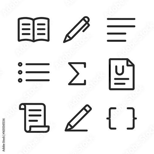 Writing Icons Set. Outline icon set of writing composition: open notebook, pen icon, paragraph lines, outline bullet list, thesis